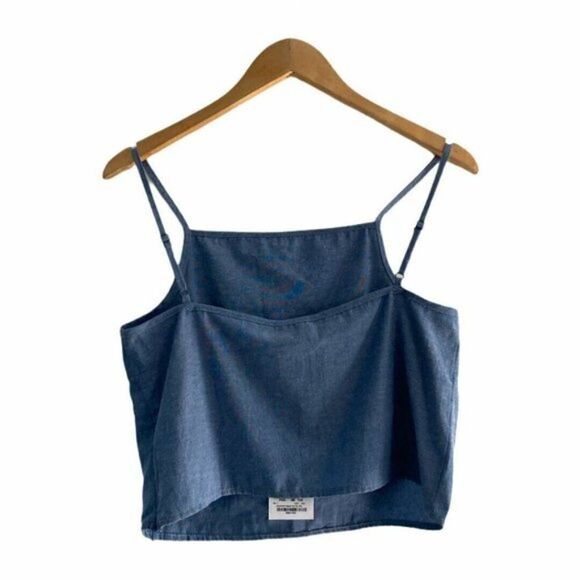 Pomelo Blue Square Neck Denim Chambray Sleeveless Cropped Tank Top US L - Picture 2 of 9